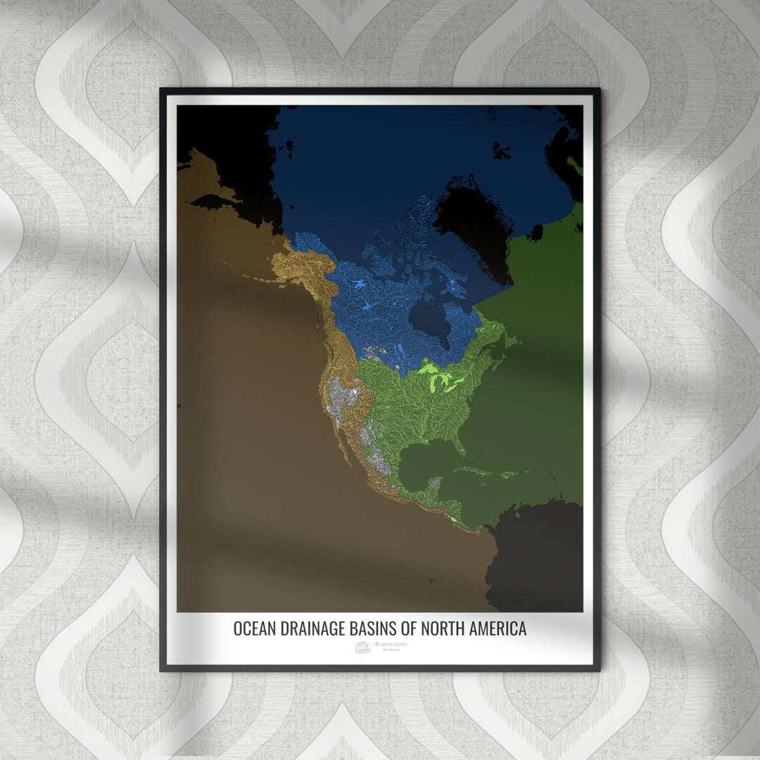 América del Norte - Mapa de la cuenca de drenaje oceánico, negro v2 - Impresión de bellas artes