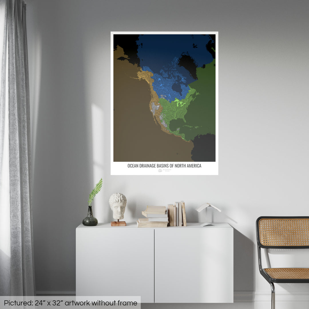 Amérique du Nord - Carte des bassins hydrographiques océaniques, noir v2 - Tirage photo artistique