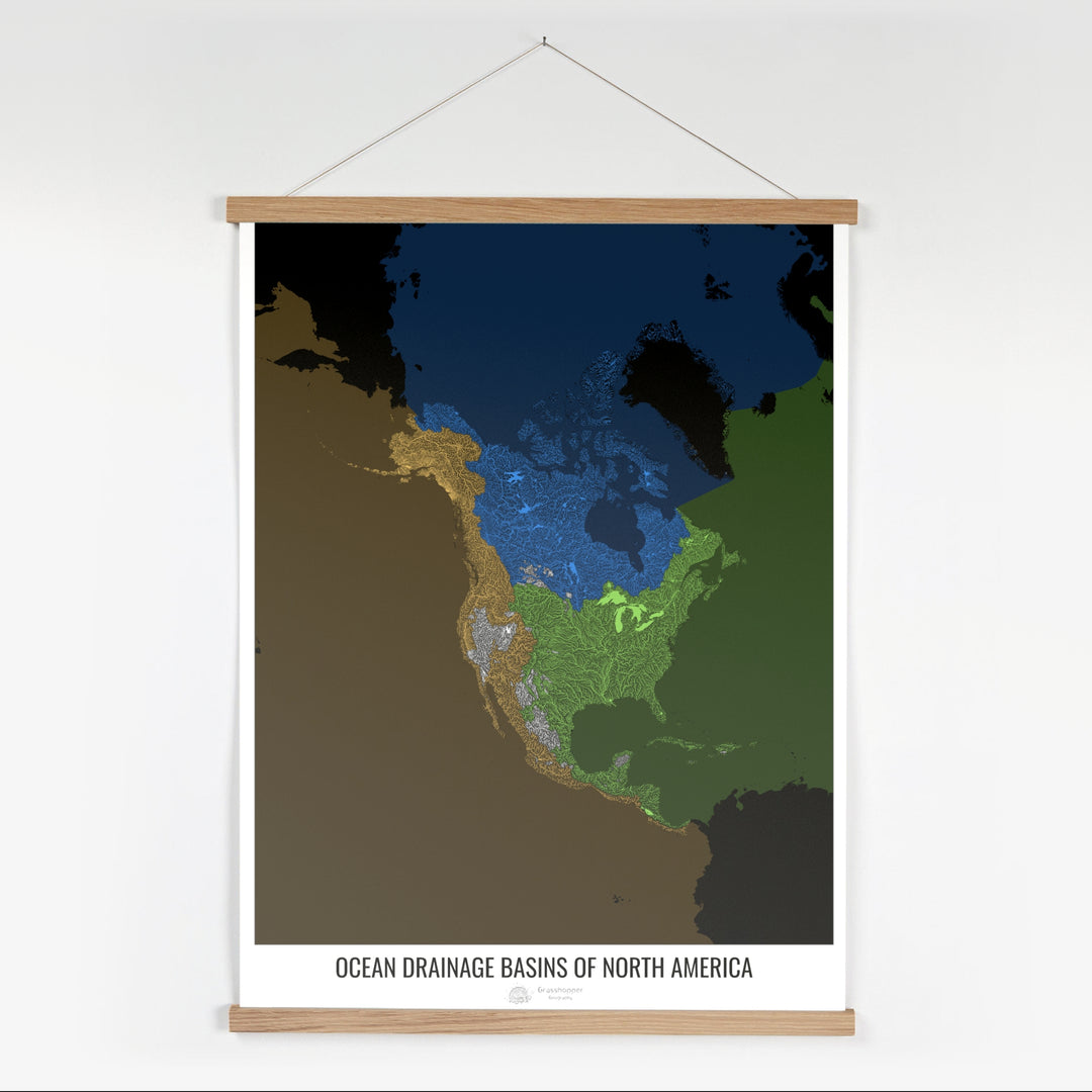 América del Norte - Mapa de la cuenca de drenaje oceánico, negro v2 - Impresión artística con percha