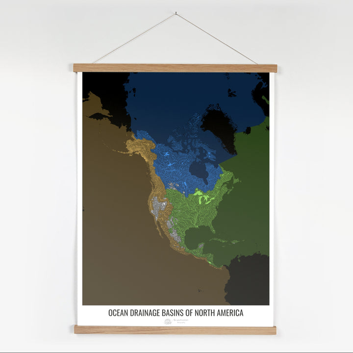 North America - Ocean drainage basin map, black v2 - Fine Art Print with Hanger