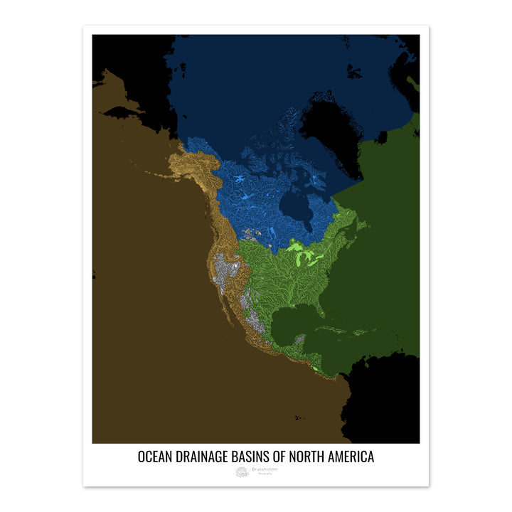 América del Norte - Mapa de la cuenca de drenaje oceánico, negro v2 - Impresión de bellas artes