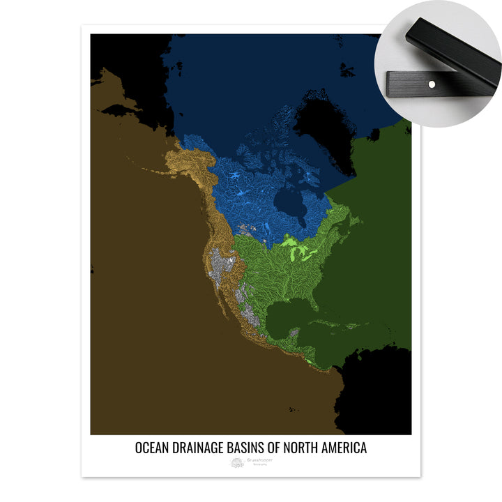 América del Norte - Mapa de la cuenca de drenaje oceánico, negro v2 - Impresión artística con percha