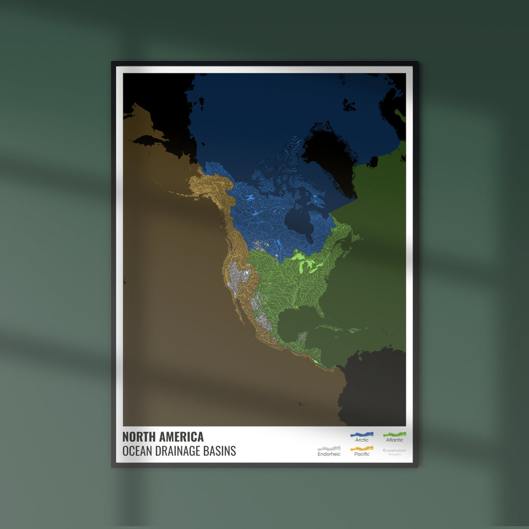 Amérique du Nord - Carte des bassins hydrographiques océaniques, noire avec légende v2 - Tirage photo artistique