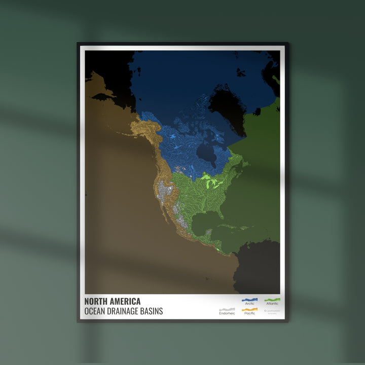 América del Norte - Mapa de la cuenca hidrográfica del océano, negro con leyenda v2 - Impresión fotográfica