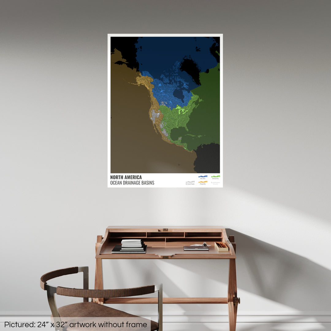 North America - Ocean drainage basin map, black with legend v2 - Photo Art Print