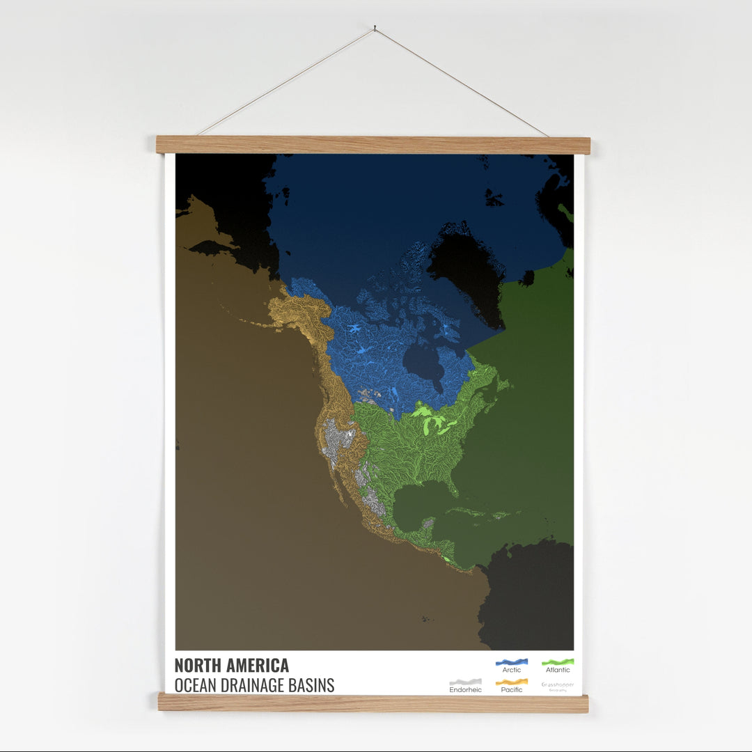 Amérique du Nord - Carte des bassins hydrographiques océaniques, noire avec légende v2 - Tirage d'art avec cintre