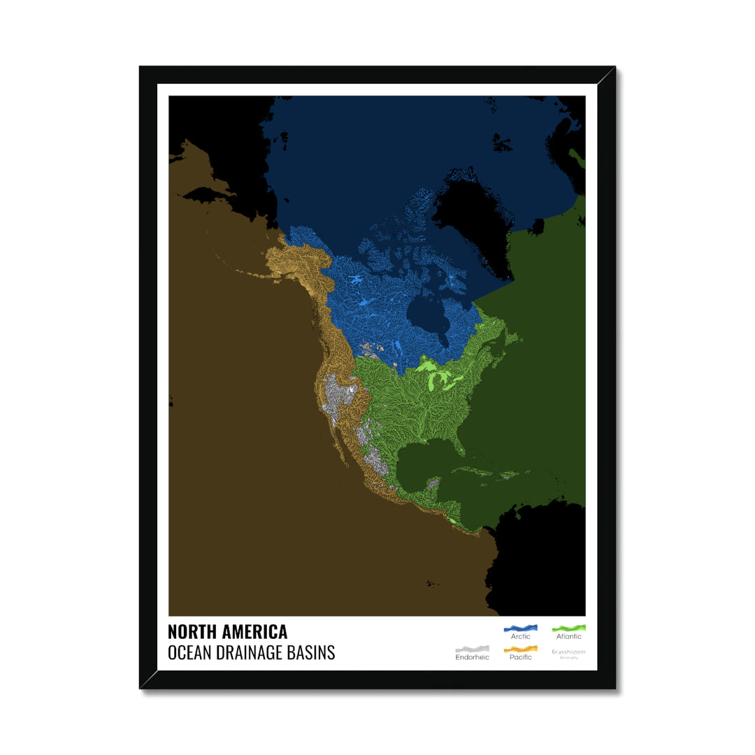 North America - Ocean drainage basin map, black with legend v2 - Framed Print