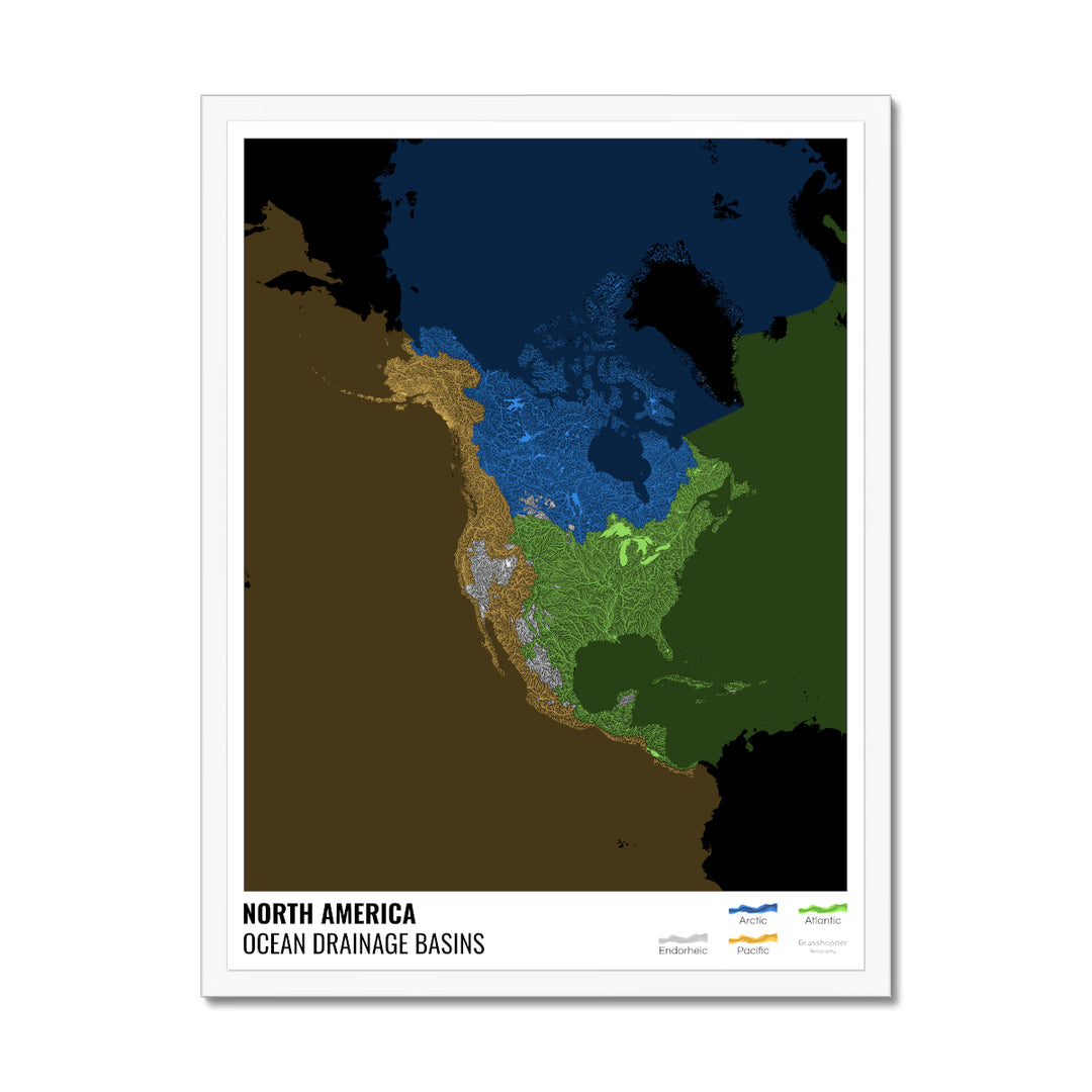 North America - Ocean drainage basin map, black with legend v2 - Framed Print