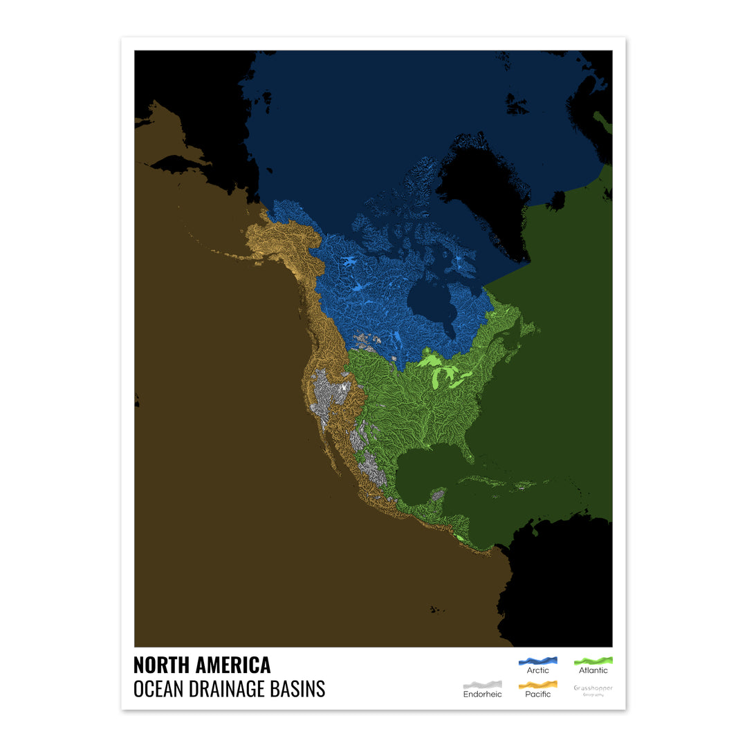 América del Norte - Mapa de la cuenca hidrográfica del océano, negro con leyenda v2 - Impresión fotográfica