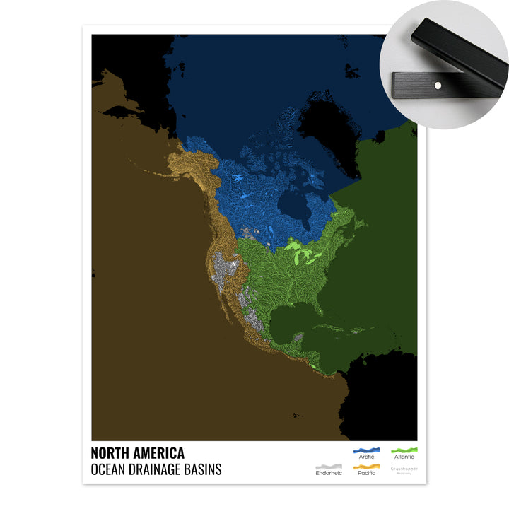 Amérique du Nord - Carte des bassins hydrographiques océaniques, noire avec légende v2 - Tirage d'art avec cintre