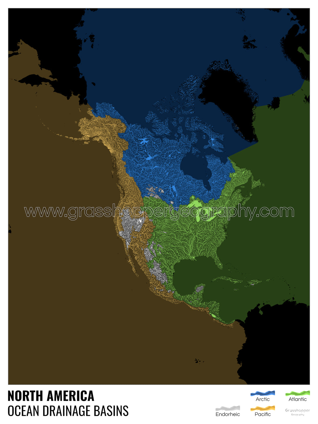 América del Norte - Mapa de la cuenca hidrográfica del océano, negro con leyenda v2 - Impresión fotográfica