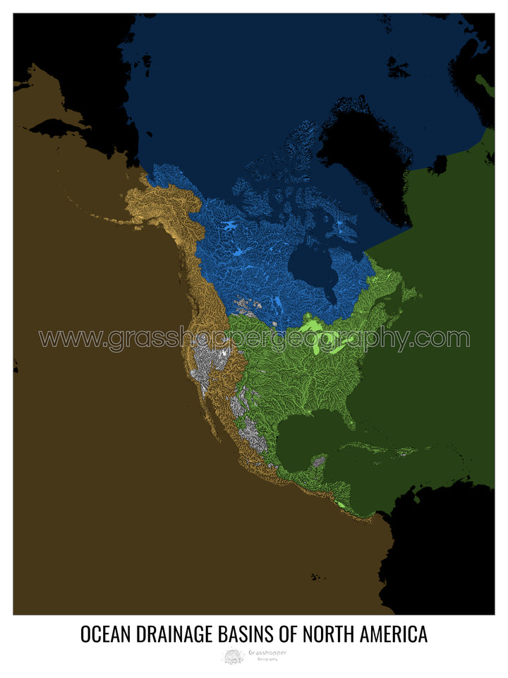 Amérique du Nord - Carte des bassins hydrographiques océaniques, noir v2 - Fine Art Print
