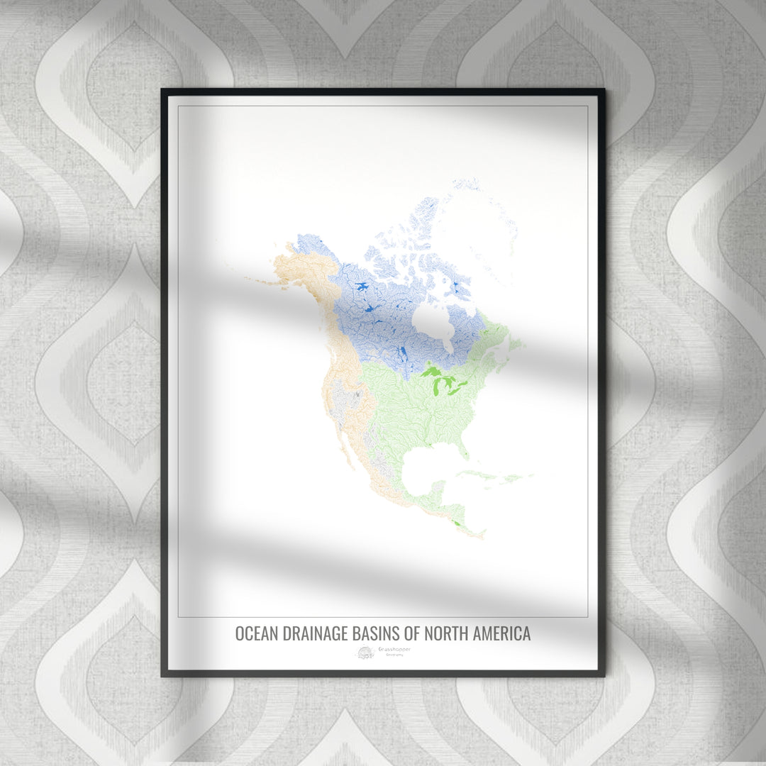 Amérique du Nord - Carte des bassins hydrographiques océaniques, blanc v1 - Tirage photo artistique