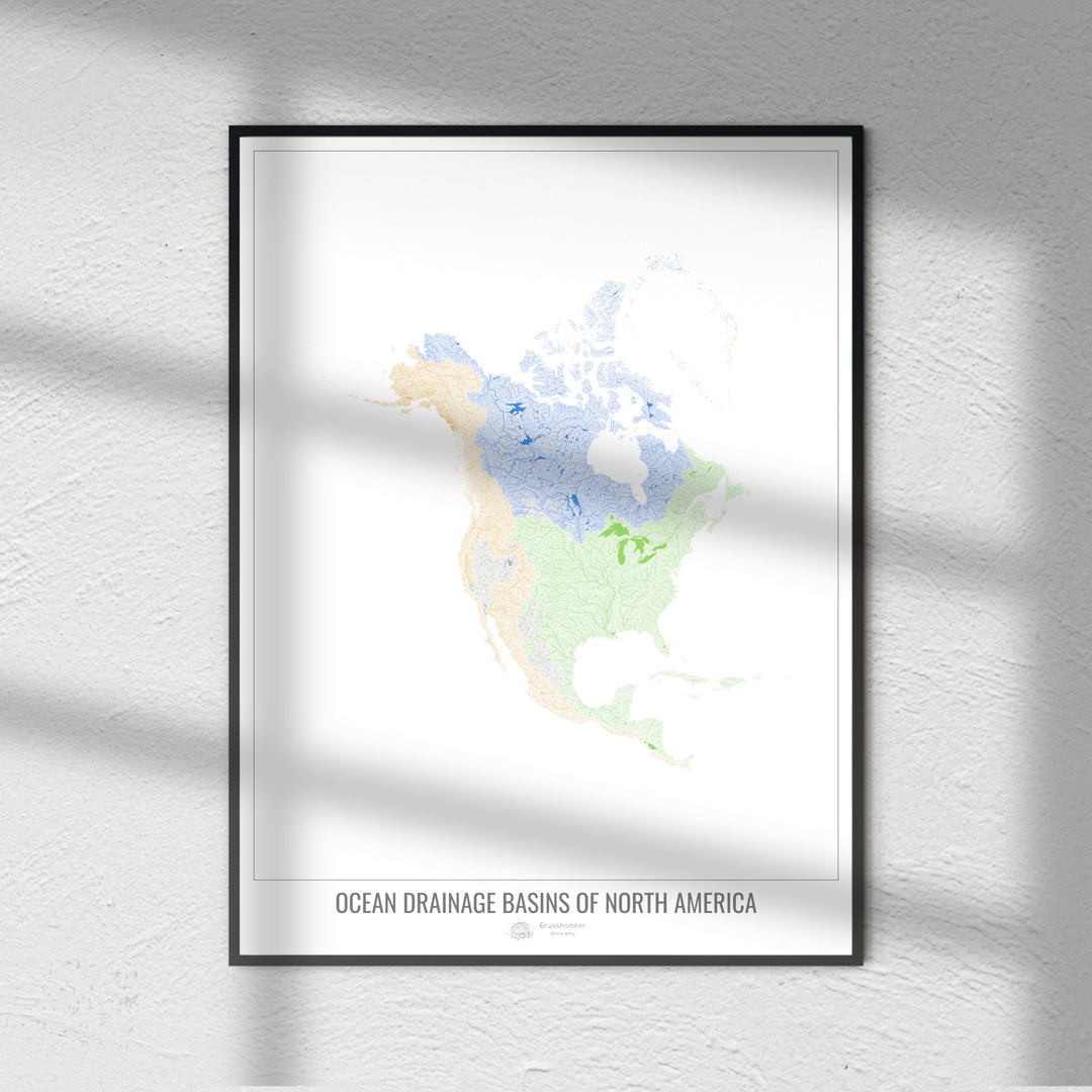 América del Norte - Mapa de la cuenca de drenaje oceánico, blanco v1 - Impresión de bellas artes