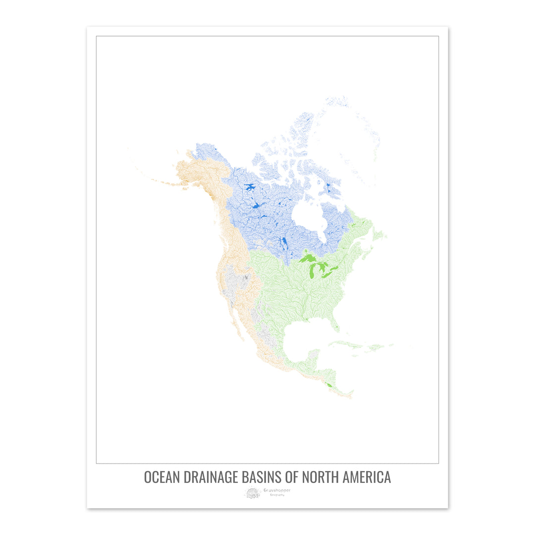 América del Norte - Mapa de la cuenca hidrográfica del océano, blanco v1 - Impresión fotográfica