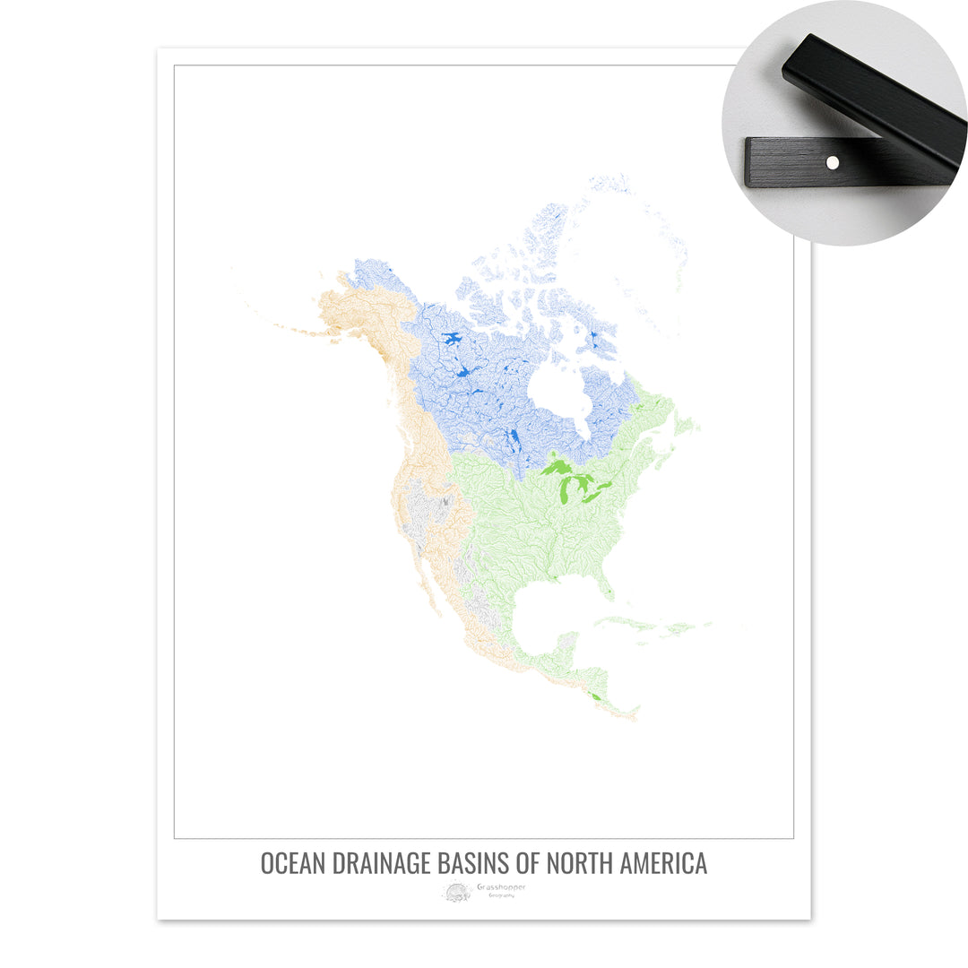 North America - Ocean drainage basin map, white v1 - Fine Art Print with Hanger