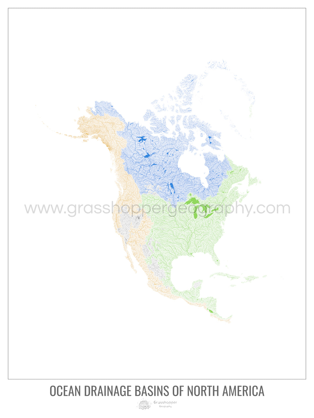 América del Norte - Mapa de la cuenca de drenaje oceánico, blanco v1 - Impresión de bellas artes
