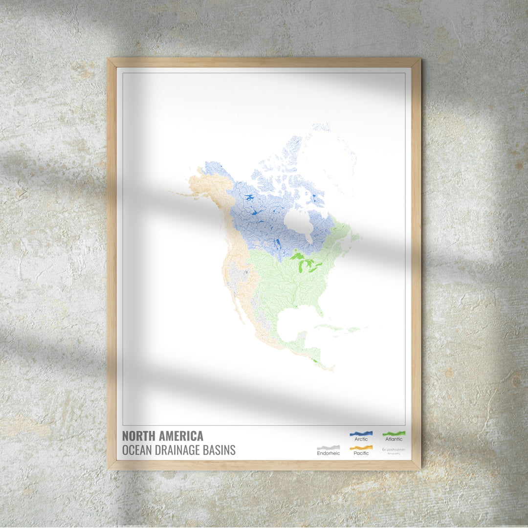 Amérique du Nord - Carte des bassins hydrographiques océaniques, blanche avec légende v1 - Tirage photo artistique