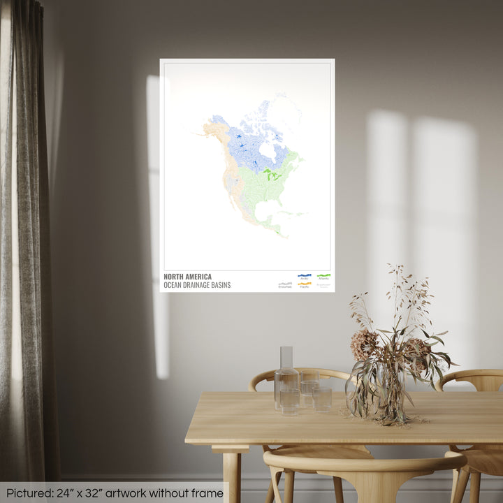 Amérique du Nord - Carte des bassins versants océaniques, blanche avec légende v1 - Fine Art Print