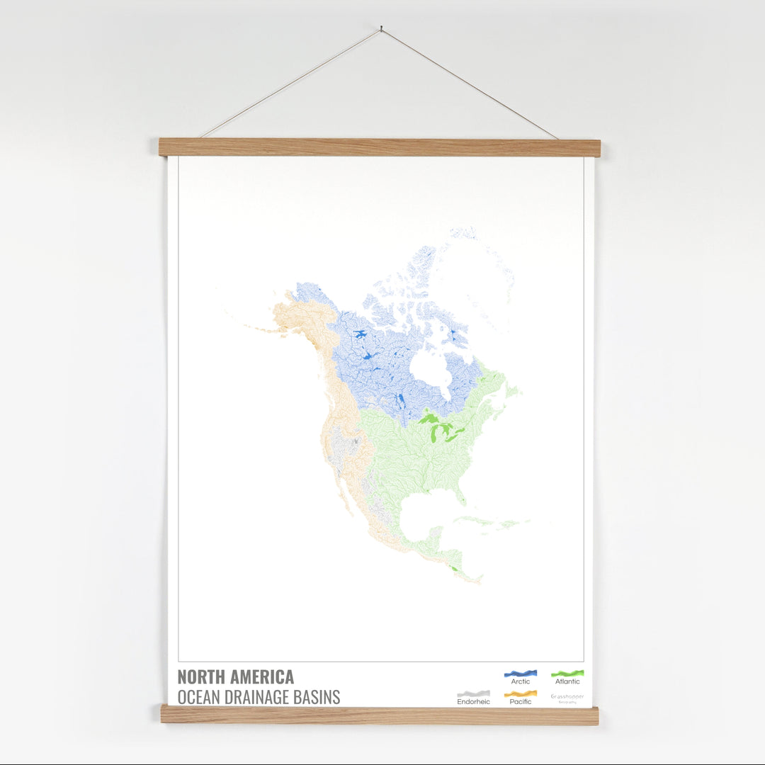 North America - Ocean drainage basin map, white with legend v1 - Fine Art Print with Hanger