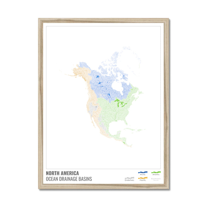 North America - Ocean drainage basin map, white with legend v1 - Framed Print