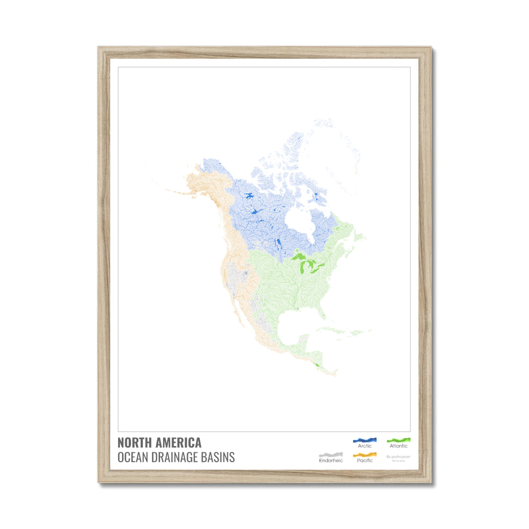 Amérique du Nord - Carte des bassins versants océaniques, blanche avec légende v1 - Impression encadrée