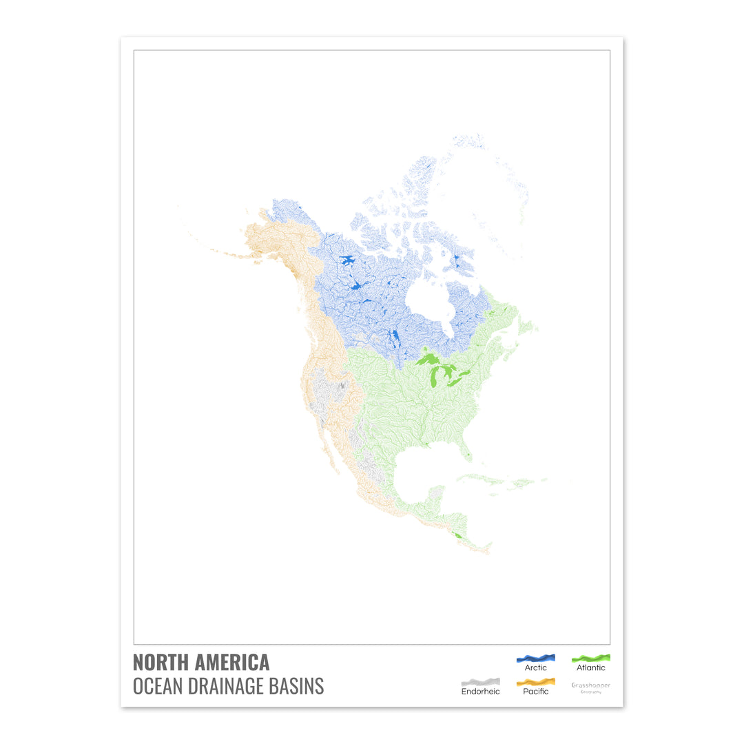 América del Norte - Mapa de la cuenca hidrográfica del océano, blanco con leyenda v1 - Impresión fotográfica