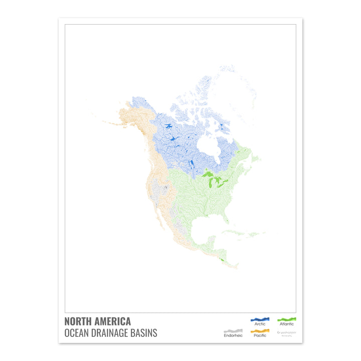 Amérique du Nord - Carte des bassins hydrographiques océaniques, blanche avec légende v1 - Tirage photo artistique