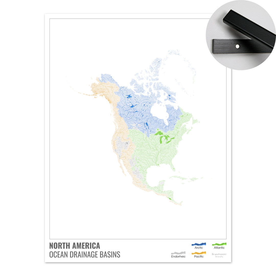 North America - Ocean drainage basin map, white with legend v1 - Fine Art Print with Hanger