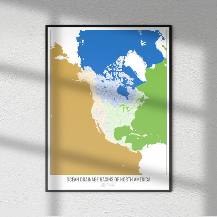 América del Norte - Mapa de la cuenca de drenaje oceánico, blanco v2 - Impresión de bellas artes