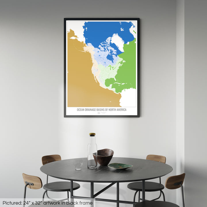 North America - Ocean drainage basin map, white v2 - Framed Print