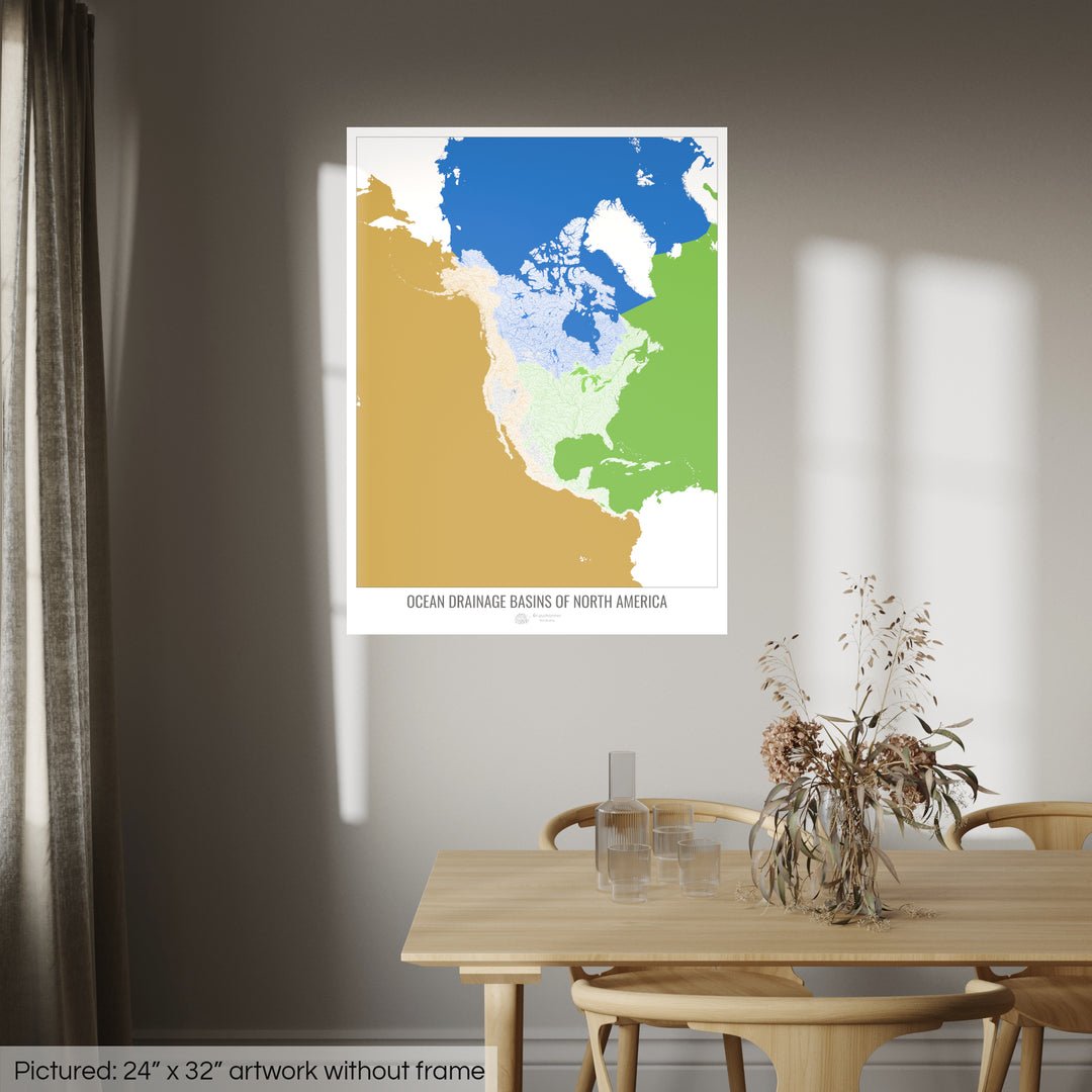 América del Norte - Mapa de la cuenca de drenaje oceánico, blanco v2 - Impresión de bellas artes