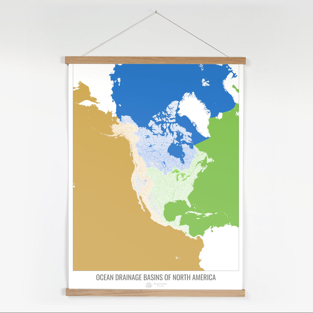 América del Norte - Mapa de la cuenca hidrográfica del océano, blanco v2 - Impresión artística con colgador