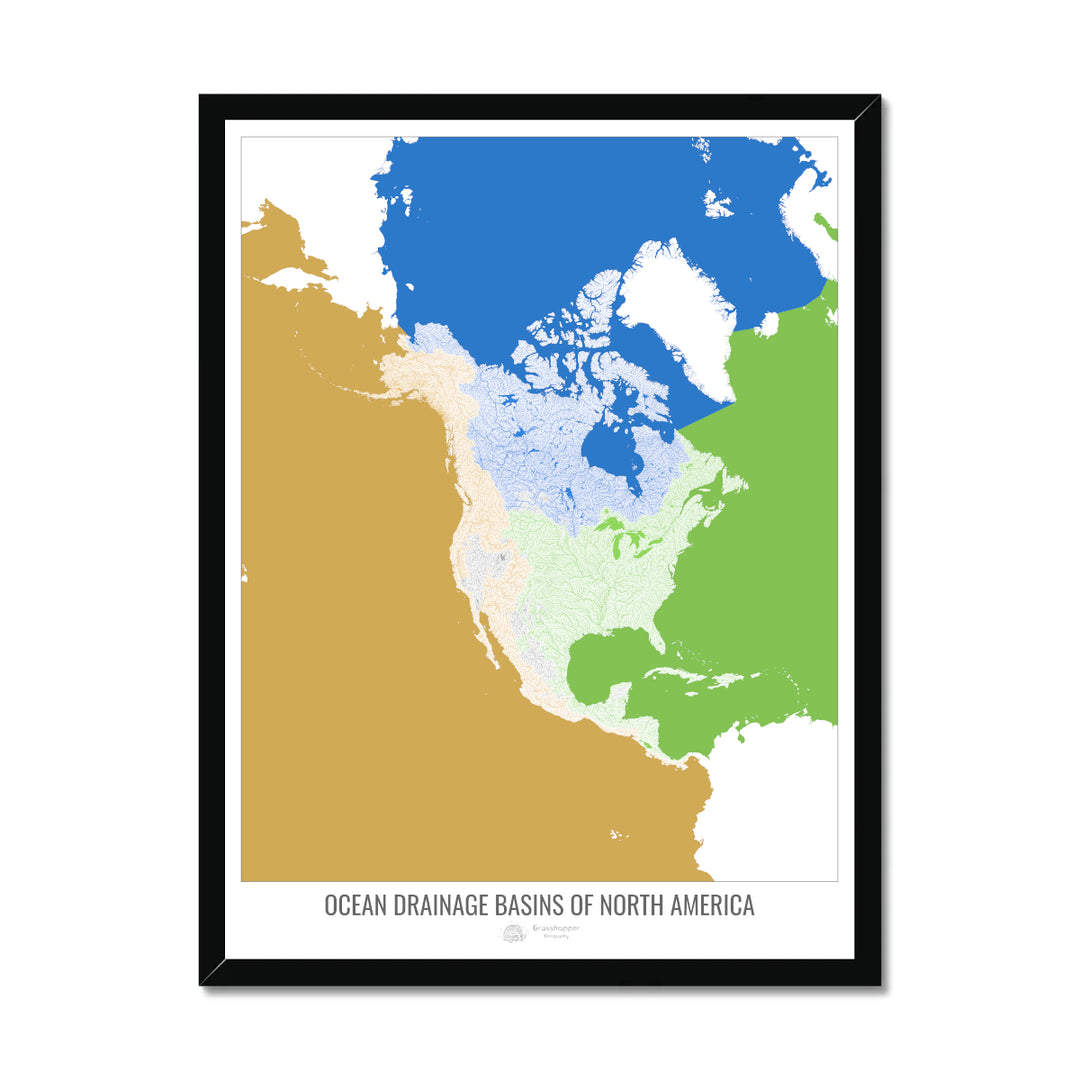 North America - Ocean drainage basin map, white v2 - Framed Print