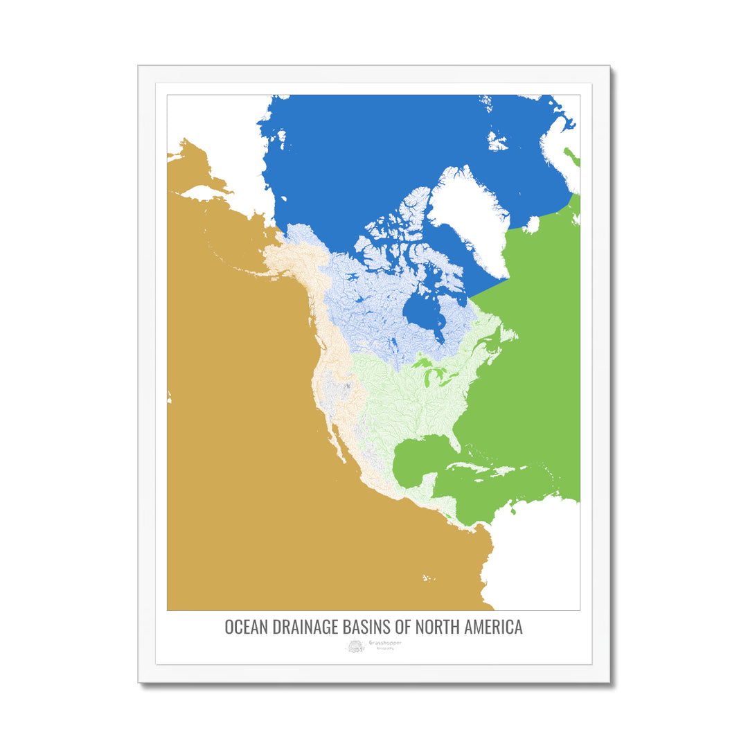 North America - Ocean drainage basin map, white v2 - Framed Print