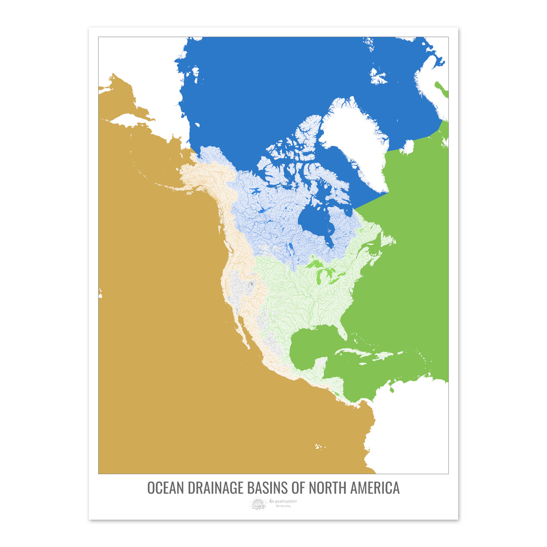 Amérique du Nord - Carte des bassins hydrographiques océaniques, blanc v2 - Tirage photo artistique