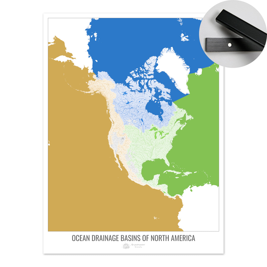 América del Norte - Mapa de la cuenca hidrográfica del océano, blanco v2 - Impresión artística con colgador