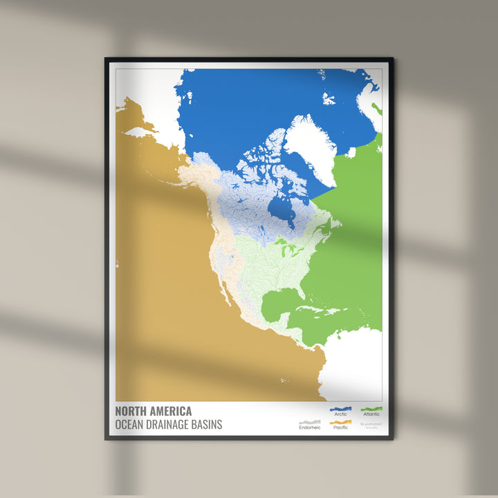 América del Norte - Mapa de la cuenca hidrográfica del océano, blanco con leyenda v2 - Impresión fotográfica