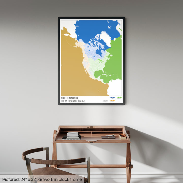 North America - Ocean drainage basin map, white with legend v2 - Framed Print