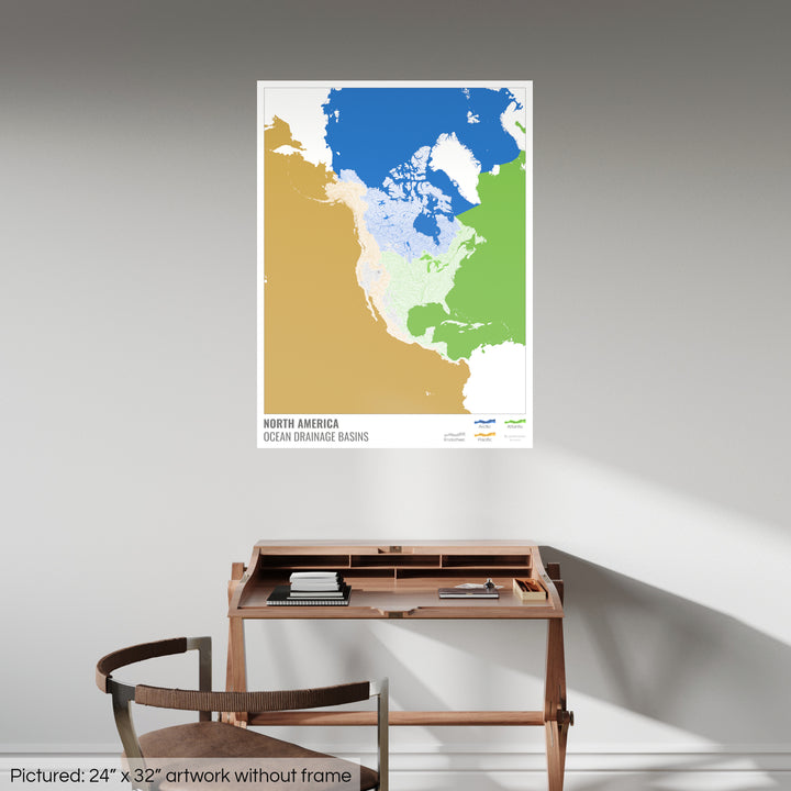 América del Norte - Mapa de la cuenca hidrográfica del océano, blanco con leyenda v2 - Impresión de bellas artes