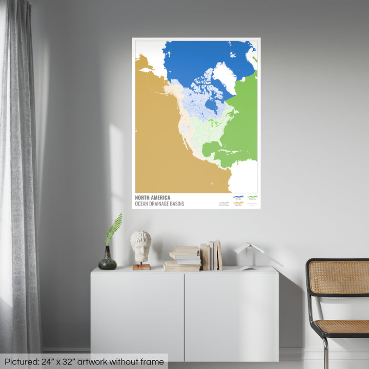 Amérique du Nord - Carte des bassins hydrographiques océaniques, blanche avec légende v2 - Tirage photo artistique