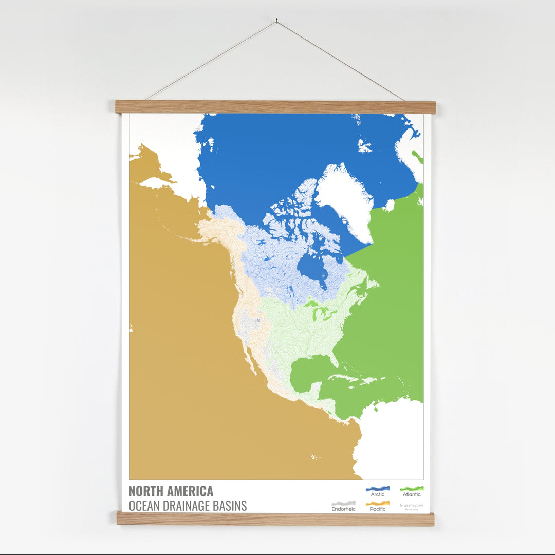 América del Norte - Mapa de la cuenca hidrográfica del océano, blanco con leyenda v2 - Impresión artística con colgador