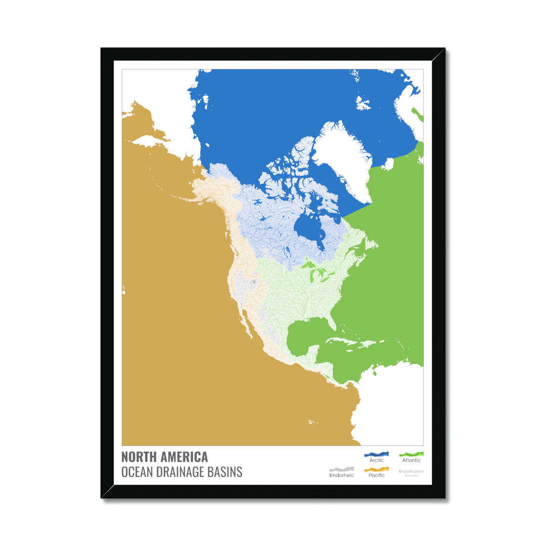 North America - Ocean drainage basin map, white with legend v2 - Framed Print