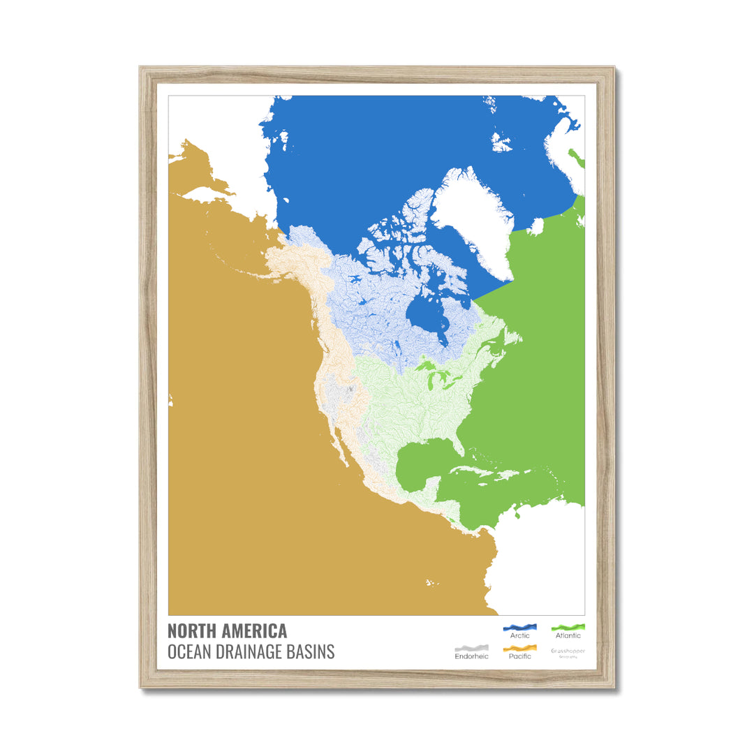 América del Norte - Mapa de la cuenca hidrográfica del océano, blanco con leyenda v2 - Lámina enmarcada