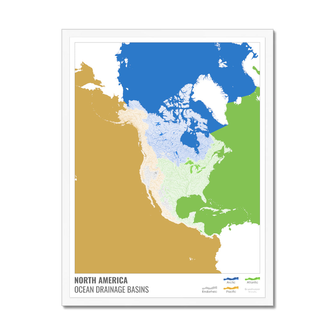 Amérique du Nord - Carte des bassins versants océaniques, blanche avec légende v2 - Impression encadrée