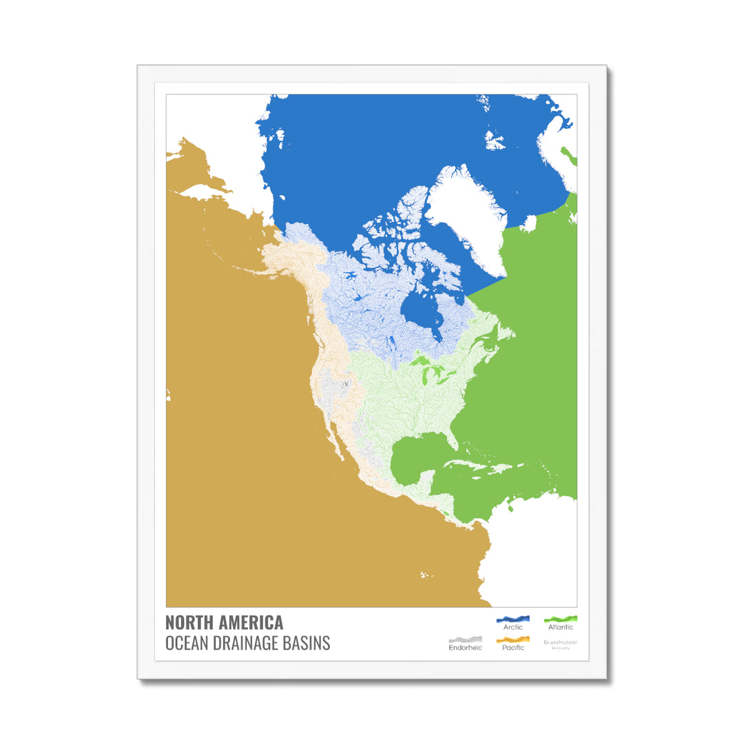 América del Norte - Mapa de la cuenca hidrográfica del océano, blanco con leyenda v2 - Lámina enmarcada