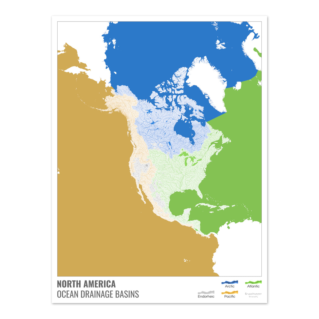 América del Norte - Mapa de la cuenca hidrográfica del océano, blanco con leyenda v2 - Impresión fotográfica