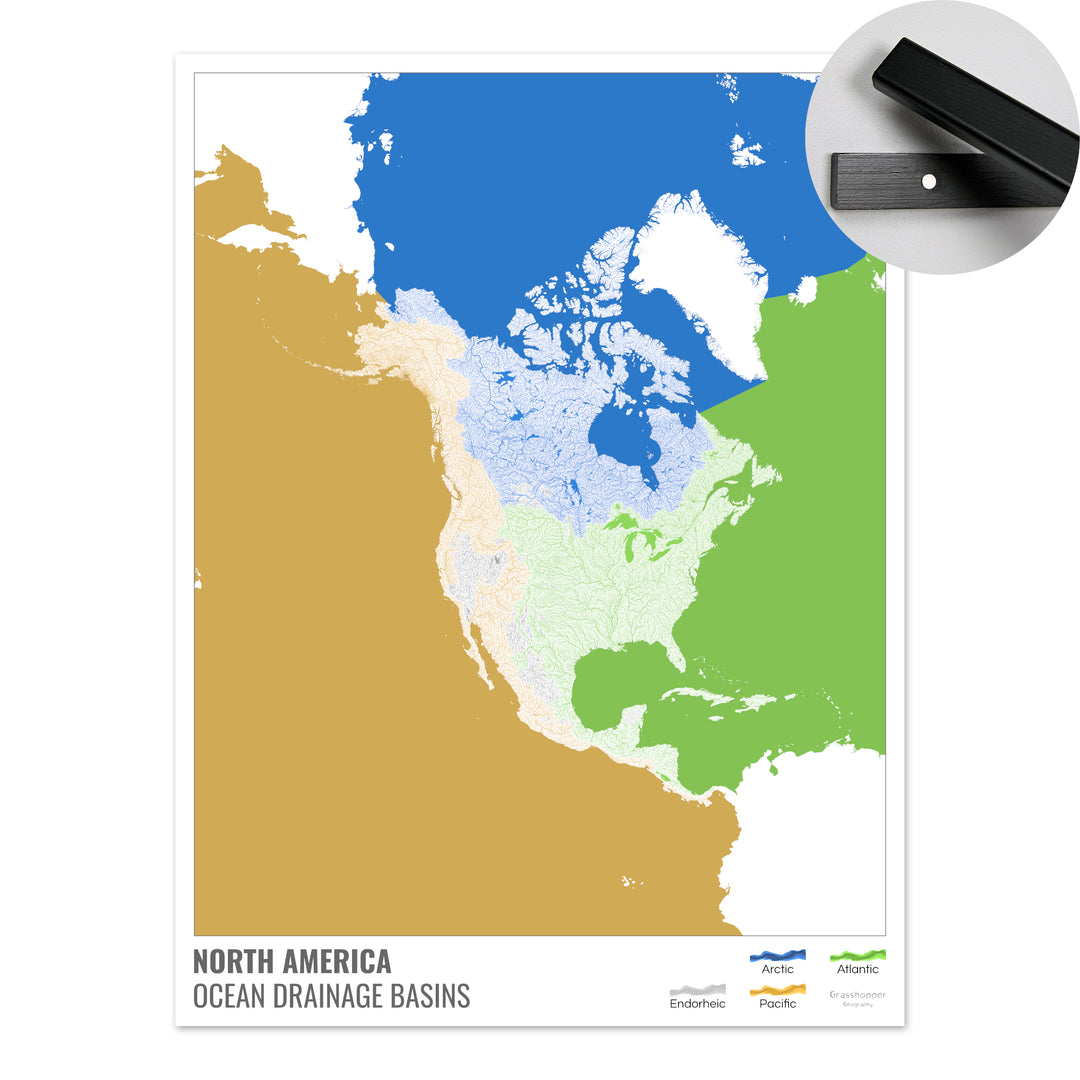 Amérique du Nord - Carte des bassins hydrographiques océaniques, blanche avec légende v2 - Tirage d'art avec cintre