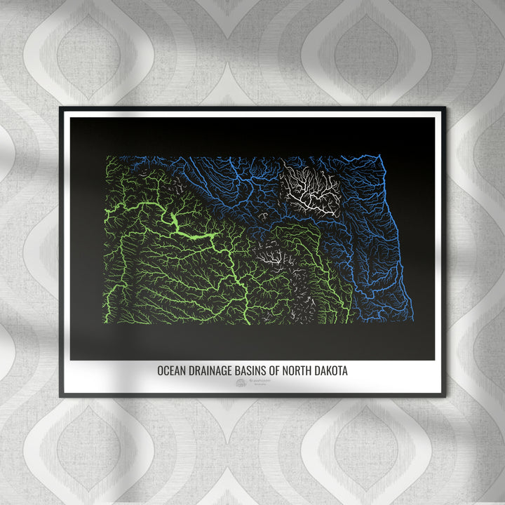 North Dakota - Ocean drainage basin map, black v1 - Fine Art Print