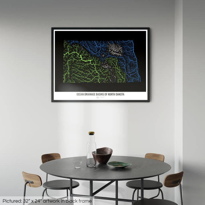 North Dakota - Ocean drainage basin map, black v1 - Framed Print